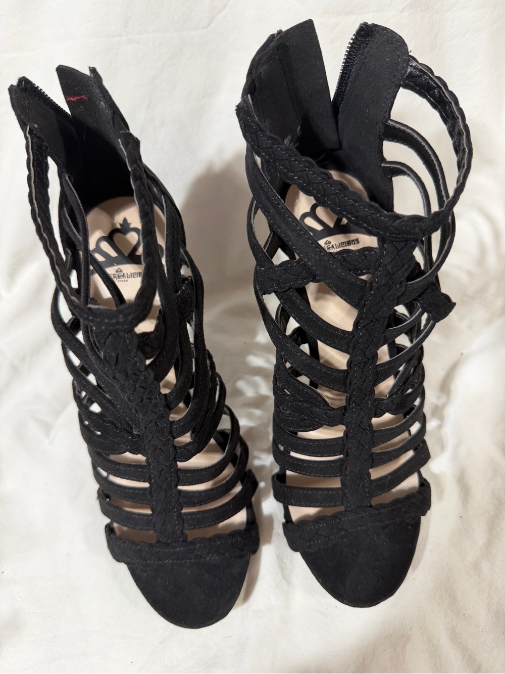 Fergie Black Braided Cage High Heel Sandals with Back Zip